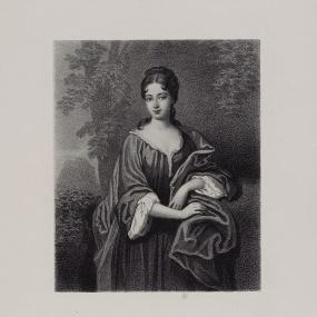 Photograph of a print of Lady Lucy Herbert from a Jacobite broadside, in the early 1690s before she became a nun. She stands before an outdoor background wearing a simple, long, dark gown with white at the neck and wrists, and a dark cloak. Her dark hair is pulled back except for two tiny curls. Below a printed caption reads: "Lady Lucy Herbert, Sister of Winifred Countess of Nithsdale."