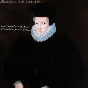 Painting of Rose Hickman by a follower of John de Critz, 1596, the day after her seventieth birthday. Her pale face, white ruff, and hands (one holding a glove) are all that emerge from her dark cloak, cap, and belt, and a dark background. Her age and the date are noted in Latin, her name and those of her father and first husband in English. Gainsborough Old Hall.