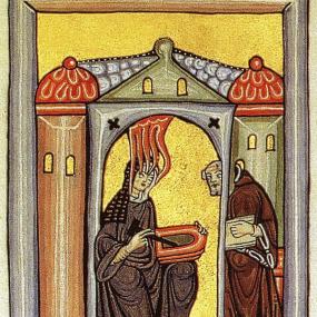 Photograph of an illumination in a copy of Hildegarde of Bingen's major work "Liber Scivias". It shows the author in the act of composing. Seated under an archway, with her feet resting on a stool, she wears a black robe and head covering. Tongues of fire reach down from heaven to touch her head. She appears to be writing on a wax tablet, but the monk who seems agog to hear her is also said to be her scribe.