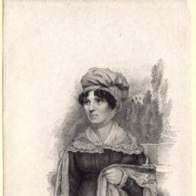 Black and white photograph of a stipple engraving, published 1823 (National Portrait Gallery), of a painting of Barbara Hofland, shown from the waist up, wearing a simple dark dress with a light lace-trimmed shawl around her shoulders. Her dark curly hair is covered with a turban-style bonnet. Underneath in italic script is written "Mrs. Hofland / Author of The Son of a Genius - Integrity, a tale, &amp;c, &amp;c."
