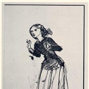 Photograph of a sketch of Anna Mary Howitt by Dante Gabriel Rossetti, poised as if caught in forward movement and as if listening intently to something. She is wearing a long pleated skirt, and a simple dark shirt with long sleeves. Her dark hair is pulled back.