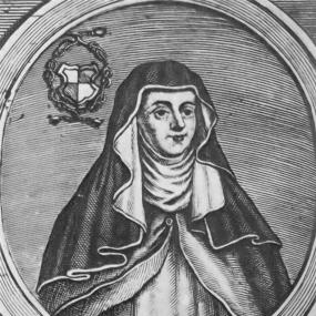 Black and white later oval illustration of Hrotsvit of Gandersheim, shown from the waist up, wearing a nun's habit, wimple, etc. A coat of arms is depicted behind her.