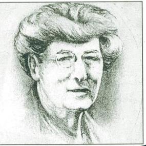Black-and-white photograph of a drawing of E.M. Hull. She is shown from the shoulders up, wearing circular, wire-rimmed spectacles, and her hair rolled loosely on top of her head.