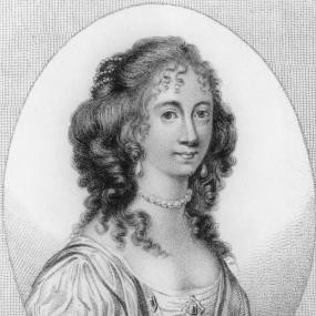 Black-and-white drawing of Lucy Hutchinson. She has her hair long and curled and wears a voluminous dress. Her image is framed by an oval
            border. 
