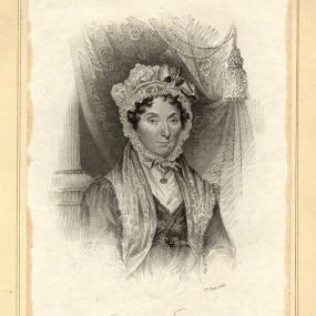 Photograph of a stipple engraving of Catherine Hutton by William Read, published in 1824,. She is seen from the waist up, wearing a simple dark, high-waisted dress with white linen at the neckline, a light shawl with fringed edges, and a ruffled bonnet or cap, tied with a large ribbon on her dark curly hair. The background features a column and drapery. Below is inscribed as if in italic hand her name and the titles of her novels: "Author of Oakwood Hall, The Miser Married, and The Welsh Mountaineer." Natio
