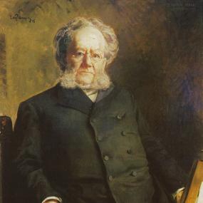 Three-quarter-length painting of Henrik Ibsen by Eilif Peterssen, 1895. Ibsen sits looking straight at the viewer through rimless glasses. He has grey bushy hair and  mutton-chop whiskers, and wears a black coat.