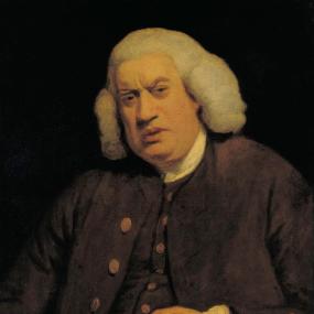 Portrait of Samuel Johnson painted by Sir Joshua Reynolds c. 1772 for Henry Thrale's collection in the library at Streatham Park. Johnson is seated, wearing a wig and brown waistcoat and jacket, with a frown indicating either disagreement or short sight.