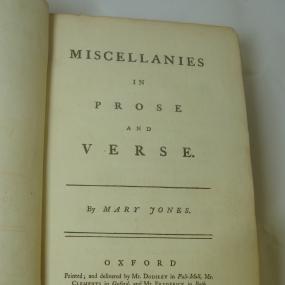 Title-page of Mary Jones's "Miscellanies in Prose and Verse", published with her name at Oxford, 1750.