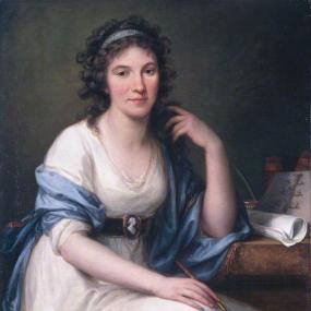 Photograph of the painting of Ellis Cornelia Knight bywearing  Angellica Kauffman. Knight is seated at a desk or table bearing books, papers, and a quill pen in inkstand. She has her left elbow propped up on the desk and another pen in her right hand. She is a simple white dress and blue shawl, with a black belt at her high waist fastened with a cameo. Her dark, curly hair, held by a headband, falls below her shoulders. Her expression is meditative. Manchester Art Gallery.