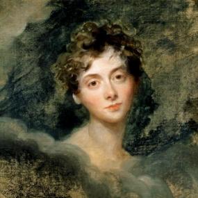 Photograph of a portrait of Lady Caroline Lamb, by Sir Thomas Lawrence. Her head is tilted, and her curly brown hair is presented as natural and unstyled. Her head and neck emerge from a background impressionistically rendered without concrete detail.