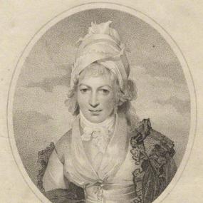 Oval, head-and-shoulders stipple engraving of Sophia Lee by William Ridley after Sir Thomas Lawrence, published 1797. She is wearing a tall, turban-style white cap over her curled and powdered hair, and a layered cloak over a pale, tightly-laced bodice with a kerchief reaching to her throat and fastened with a bow. Her name ("Miss Lee") is written below.