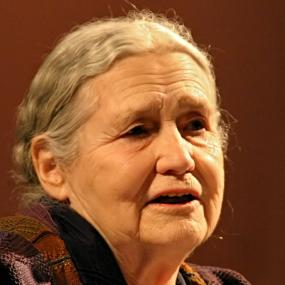 Head-shot of Doris Lessing, with her grey hair pulled back, and wearing a colourful patchwork jacket.