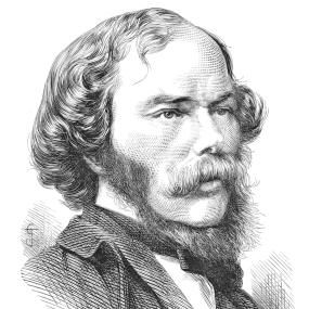 George Henry Lewes, head and shoulders, drawn for Popular Science Monthly, 1876, from a photograph of 1858. He is in half-profile looking to the right, with  moustache, side-burns, and jaw-line beard.