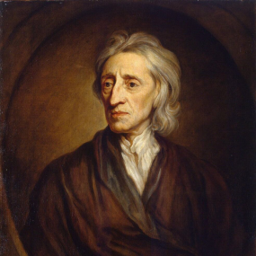 Portrait of John Locke by Sir Godfrey Kneller, 1697. Locke has a thin face and grey hair, and wears a white shirt and brown mantle.