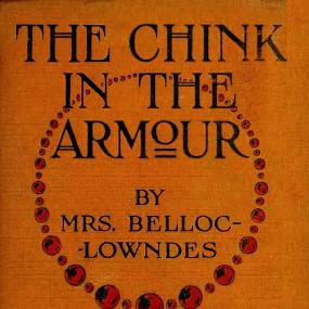 Photograph of the cover of "The Chink in the Armour" by Marie Belloc Lowndes, 1912. It is orange with black lettering ("Mrs. Belloc Lowndes"), and a large background circle of little red balls or beads.