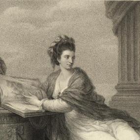 Mezzotint of Margaret Bingham, Countess Lucan, by James Watson after a painting by Angelica Kauffmann, published 1776. Lucan wears a laurel wreath (as a painter, not a poet) above her simple robe and dark mantle. She is sitting on a velvet, tasselled stool leaning on a carved table and gesturing towards a large book of art works. A classical column stands in the background.