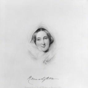 Stipple engraving of the head of Rosina Bulwer Lytton, Baroness Lytton, by John Jewell Penstone after Alfred Edward Chalon, 1852. Her face is framed by dark hair and a light gauzy scarf wrapped around her head. Her signature, "Rosina Lytton", appears below. National Portrait Gallery.