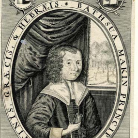 Photograph of an etching of Bathsua Makin by William Marshall after an unidentified artist, 1640s. She is shown from the waist up, seated, and holding a small book, with draped curtains and a window behind her. She is wearing a simple dark dress with large white collar, white cuffs, and pleats down the front. Her hair is curly and shoulder length, with a small cap or hair-band. A Latin inscription round the oval frame mentions her position as tutor to the Princess Elizabeth and her skill in Latin, Greek, an