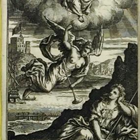 Mythological frontispiece to the "New Atlantis", showing three female figures. Astrea, goddess of justice, sits on a cloud holding her scales and sword, bare-breasted Truth deploys her trumpet in mid air, and Virtue reclines on earth in the guise of the Duchess of Ormonde. An inscription invokes "Sacred Truth" and the reforming power of satire.
