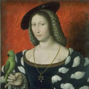 Painting of Marguerite de Navarre by Jean Clouet, probably done for her marriage in 1527. She sits at a green-covered table with a green parrot on her hand and flame-coloured hangings behind. She has a patterned head-dress (perhaps evoking the daisies signified by her name) and a slanted flat hat with Cupid brooch. Her shoulders are bare, her bodice dark, and her huge dark sleeves have slashes showing white below. She is wearing a jewelled pendant, and displays a ring on each little finger.