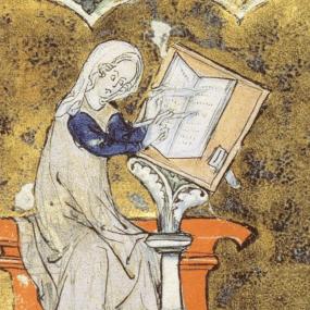 Marie de France, from an illuminated manuscript by Richard of Verdun. She sits writing (apparently with both hands at once) in an architectural setting, wearing a white hood and mantle over blue sleeves. Bibliothèque Nationale.