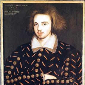 Painting of Christopher Marlowe from the torso up. He wears a black coat with orange accents and gold buttons down the sleeves and the middle, and is standing with his arms crossed in front of his torso.