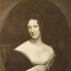 Black and white photograph of a painting of Anne Marsh by Samuel Stillman Osgood, February 1836, framed by an oval border. She is wearing a dark dress; one of her hands reaches to touch the scooped neckline with gauzy fabric underneath. Her sleeves have small ruffles; her dark hair is pulled into a bun with a few loose curls framing her face.