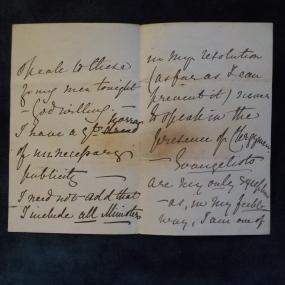 The second and third pages of a letter from Catherine Marsh to Miss Saunders. Marsh explains that she has a great "horror of unnecessary publicity," and never speaks in the presence of clergymen. She makes her only exception for "Evangelists", among whom on the last page she counts herself a humble member -- and among whom, presumably, were the young men she was soon to address. Hilda Londry Collection.