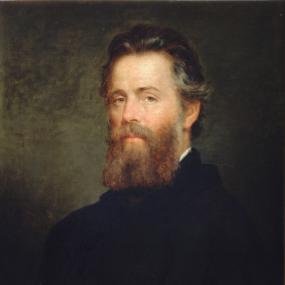 Herman Melville in head-and-shoulders painting  by Joseph O Eaton. He looks directly at the viewer, in dark clothes with a moustache and square-trimmed beard. Houghton Library, Harvard.