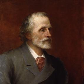 George Meredith, in profile, with a tidy grey beard and moustache