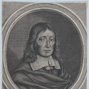 Head-and-shoulders engraving of John Milton, 1670 or later. He wears bands at his neck, and shoulder-length hair.