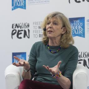 Photo of Deborah Moggach in conversation with Antonia Byatt during day one of the London Book Fair at Kensington
            Olympia