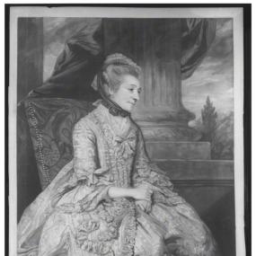 Mezzotint of Elizabeth Montagu, published by John Raphael Smith in 1776 after a painting by Sir Joshua Reynolds. She is seen in profile, sitting in a large upholstered chair against a backdrop of drapery, a pillar, and an outdoor landscape. Her dress and petticoat are voluminous and heavily decorated, with ruffled sleeves and a bow at the neck. Her hair is brushed back under a small bonnet perched on top of her head and tied with a dark ribbon. Below the image is a coat of arms and italic writing: "Mrs. Mon