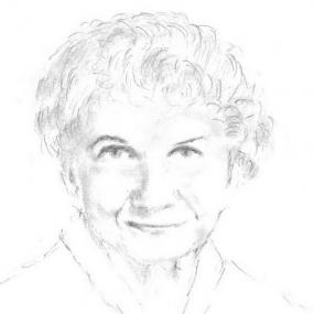 Photograph of a sketch of Alice Munro. She is depicted from the shoulders up, with short curly hair and a collared shirt.