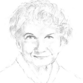 Photograph of a sketch of Alice Munro. She is depicted from the shoulders up, with short curly hair and a collared shirt.