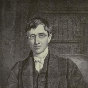 Portrait miniature of the young John Henry Newman in black and white. He sits facing the viewer with hands clasped in his lap, clean-shaven, wearing oval-shaped glasses, jacket, waistcoat, and a  white bow tie.