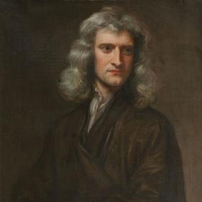 Painting of Isaac Newton. He is looking slightly to the left, with his left forearm resting in front of him and his right hand resting on top of his left hand.