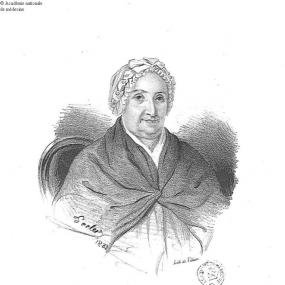 Print of an elderly Elizabeth Nihell, published the year she would have turned one hundred. She wears a cap covering her whole head and a heavy shawl. The inscription below reads "Elizabeth Nihel, Sage Femme", and gives her birth date. "Sage femme" is French for midwife: the image comes from "Biographie des Sages femmes célèbrées", 1833.