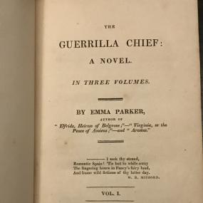 Title-page of Emma Parker's novel "The Guerilla Chief", 1815, vol. 1, with quote from Mary Russell Mitford.