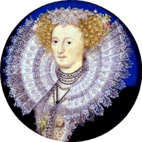 Circular watercolour miniature of Mary Sidney Herbert, Countess of  Pembroke, by Nicholas Hilliard, c. 1590. She is wearing a black gown with roses and honeysuckle embroidered on the bodice, multiple necklaces, and a fashionable cartwheel ruff which almost fills the frame.  Her short blonde curls are topped with honeysuckle and lace. National Portrait Gallery.