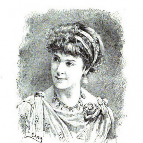 Photograph of a head-and-shoulders drawing of Emily Jane Pfeiffer. Her hair is pulled back, with several headbands round it; she wears earrings, a necklace, and a dress draped from the shoulders, with a large rose pinned at the neckline.
