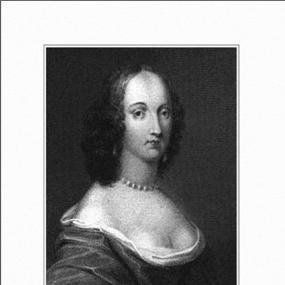 Black and white photo of a head-and-shoulders painting of Katherine Philips, looking directly at the viewer. She wears a necklace above a fashionably low neckline. Her hair looks shaved in front, but reaches in a bush of curls to her shoulder. Her name is written in italics below. This portrait, at Knole House, is the only likeness of her taken from life.