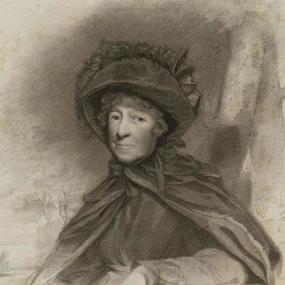 Half-length engraving of Hester Lynch Piozzi by M. Meyer, from portrait by J. Jackson, May 1810. She is seated, and is in mourning, wearing a simple dark dress with a cloak around her shoulders, and a large hat decorated with a bow. Her name is below: "Mrs. Hester Lynch Piozzi".
