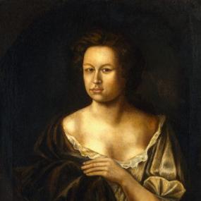 Painting of Mary Pix by an unknown artist, c. 1690. She wears a beige gown, loose and low on her bare shoulders, and a brown shawl. National Portrait Gallery.