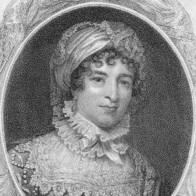 Black-and-white drawing of Anne Plumptre, circa 1790. Her image is framed by an oval and she wears a dress with a frilly collar and has a
            rounded fabric cap through which her curls peek out.