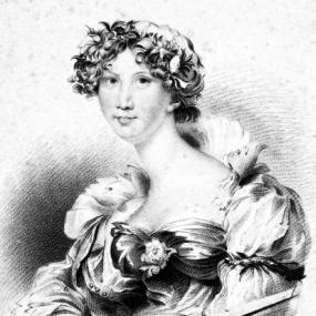 Photograph of an engraving of Anna Maria Porter from a portrait by George Henry Harlow, c. 1805. She is seated, seen from the waist up, and seems to be wearing costume: a dress with puffed sleeves, a high collar that stands back from her shoulders, and a flower pinned in the centre of the bust. She holds a small stringed instrument in her lap, and her dark hair is pulled back and decorated with flowers. National Portrait Gallery.