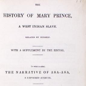Title-page of the original edition of Prince's "The History of Mary Prince, a West Indian Slave", 1831, with a stanza from William Cowper.