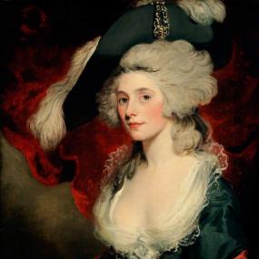Glamorous painting of Mary Robinson, attributed to John Hoppner. She wears a black hat with wide drooping brim, adorned with white ostrich feathers which echo her big-style powdered hair. Her gown is black with lace at the low neckline and a red rose on the sleeve, echoing red drapery behind her.