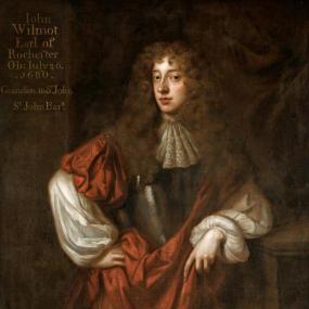 Three-quarter-length painting of John Wilmot, Earl of Rochester, by Peter Lely, c. 1677, looking askance at the viewer. His hair is long and curled; he leans on his left elbow with his right hand on his hip (or possibly on his sword hilt). He wears a loose russet mantle with lace at his throat and full sleeves. An inscription in the top left corner gives his name and death date.