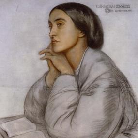Chalk drawing of Christina Rossetti by Dante Gabriel Rossetti, 1866. She is seated at a small desk with a book open in front of her, wearing a simple grey dress or wrapper with long sleeves; her long brown hair is pulled smoothly back; her expression is serene.